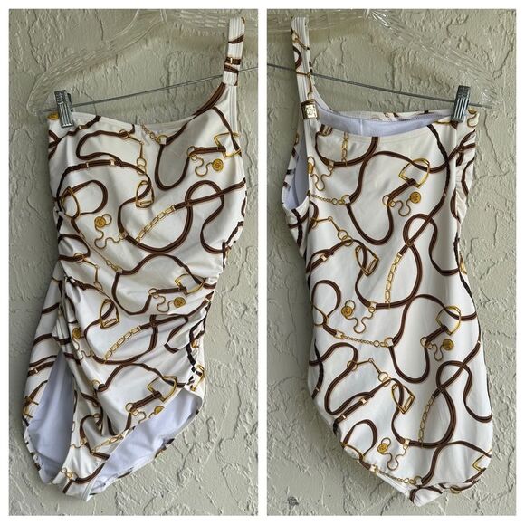 RALPH LAUREN Swimsuit Women 8 One Piece Bridle Print One Shoulder Logo Classic - Picture 2 of 12